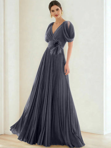 A-Line/Princess Chiffon Evening Dresses with Feather V-Neck Short Sleeves Formal Pleated Dress