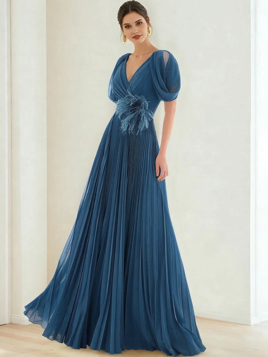A-Line/Princess Chiffon Evening Dresses with Feather V-Neck Short Sleeves Formal Pleated Dress