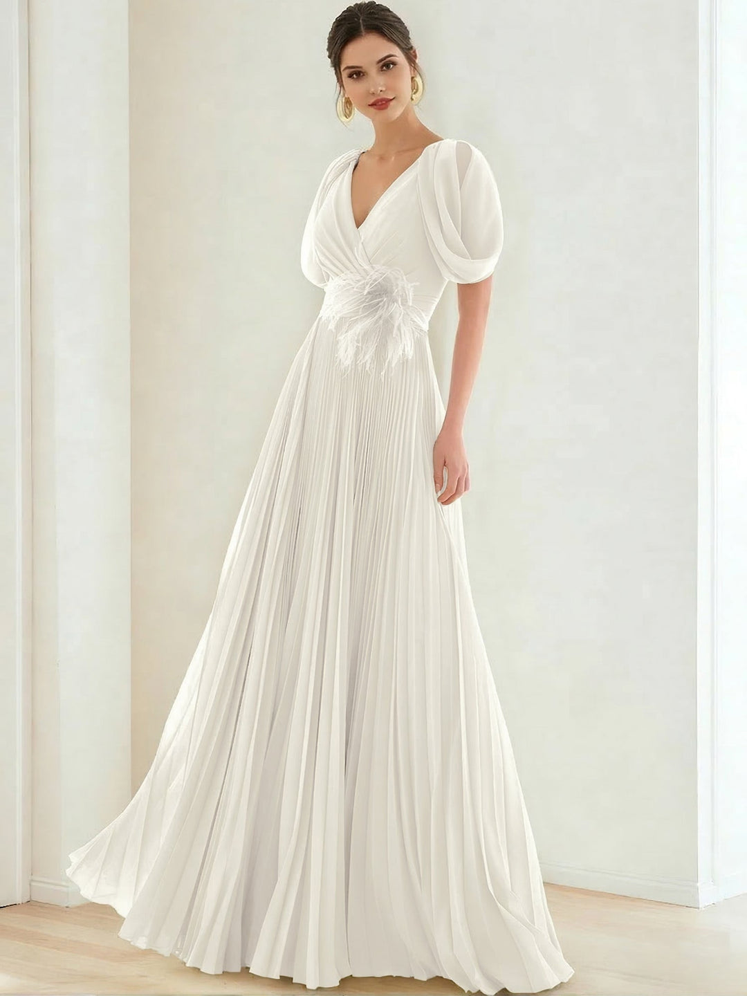 A-Line/Princess Chiffon Evening Dresses with Feather V-Neck Short Sleeves Formal Pleated Dress