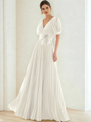 A-Line/Princess Chiffon Evening Dresses with Feather V-Neck Short Sleeves Formal Pleated Dress