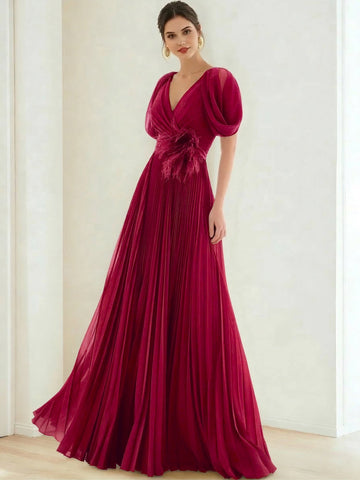 A-Line/Princess Chiffon Evening Dresses with Feather V-Neck Short Sleeves Formal Pleated Dress