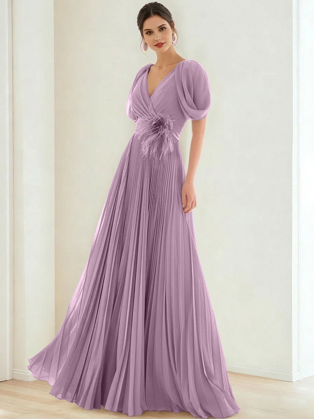 A-Line/Princess Chiffon Evening Dresses with Feather V-Neck Short Sleeves Formal Pleated Dress