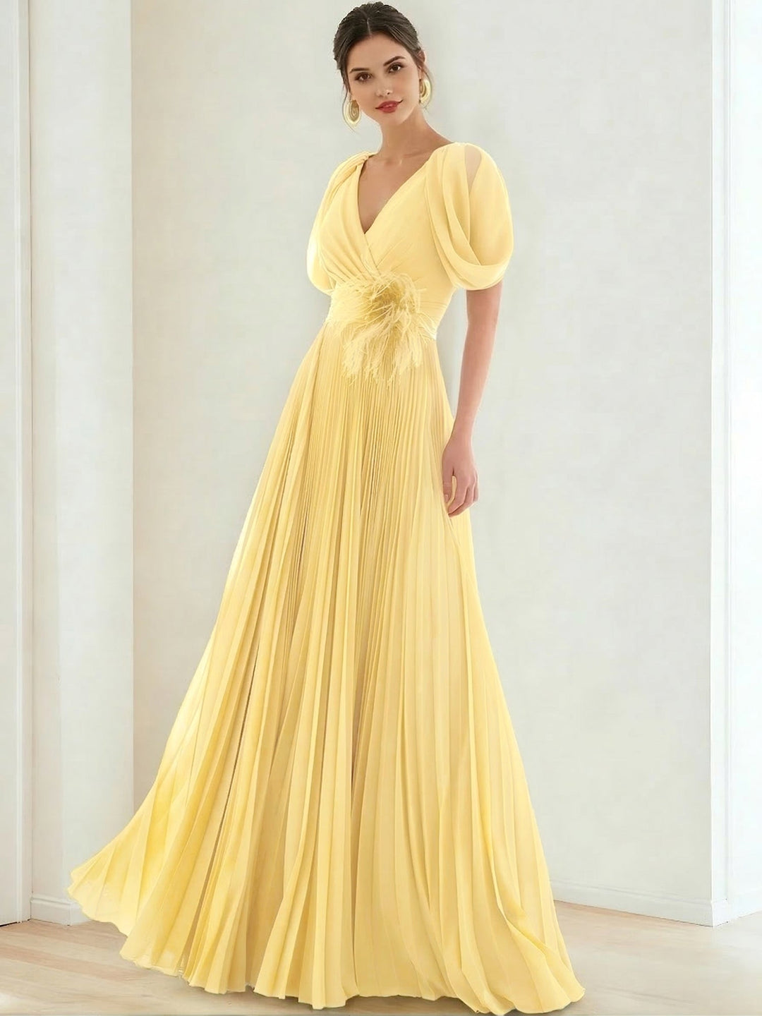A-Line/Princess Chiffon Evening Dresses with Feather V-Neck Short Sleeves Formal Pleated Dress
