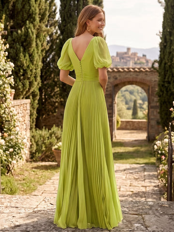 A-Line/Princess Chiffon Evening Dresses with Feather V-Neck Short Sleeves Formal Pleated Dress