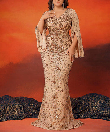 Sheath/Column Sequins Scoop Plus Size Mother of the Bride Dresses Long Sleeves Floor-Length Party Dresses
