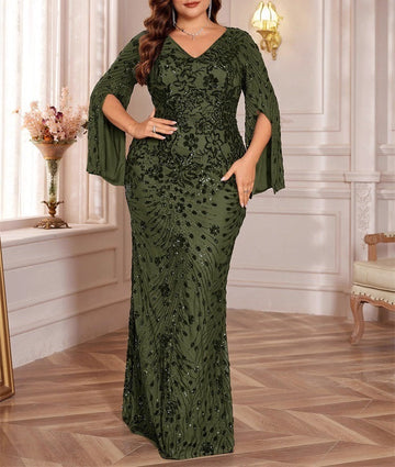 Sheath/Column Sequins Scoop Plus Size Mother of the Bride Dresses Long Sleeves Floor-Length Party Dresses