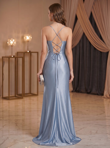Sheath/Column Spaghetti Straps Evening Dresses Sleeveless Floor-Length Ruched With Split Side