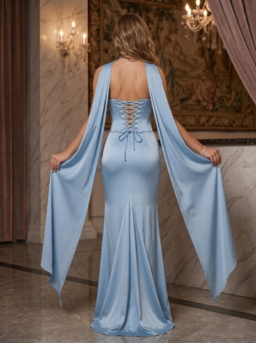 Sheath/Column Strapless Evening Dresses Sleeveless Floor-Length Ruched With Lace-Up Back & Flowing Cape