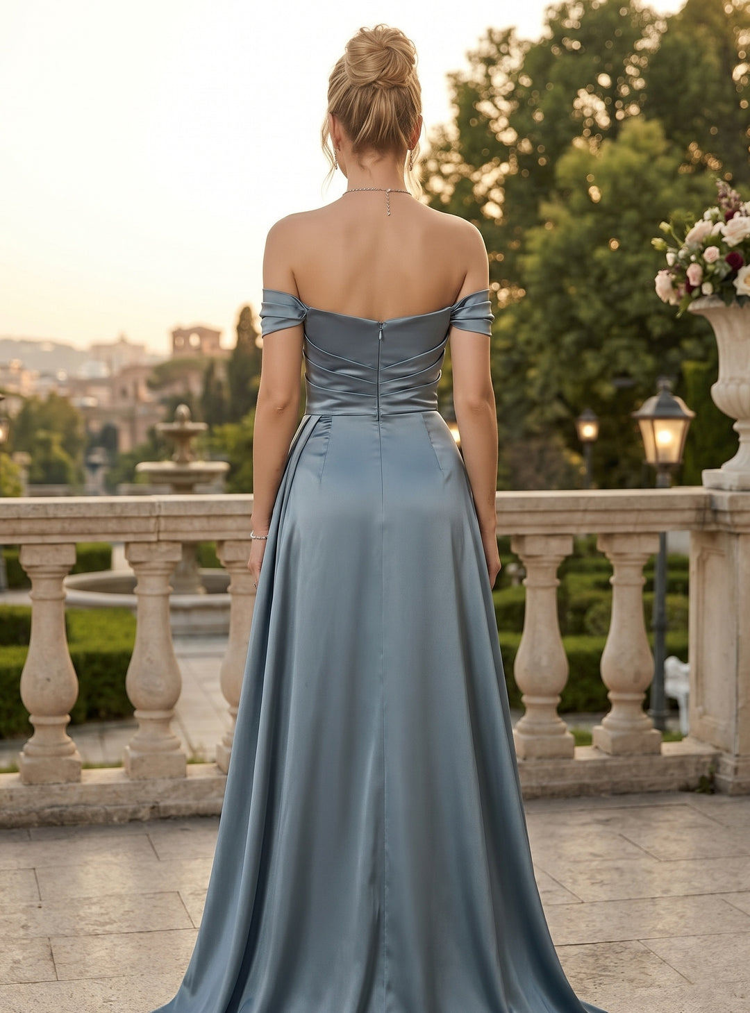 Sheath/Column Off-the-Shoulder Evening Dresses Sleeveless Floor-Length With Rhinestones&Split Side