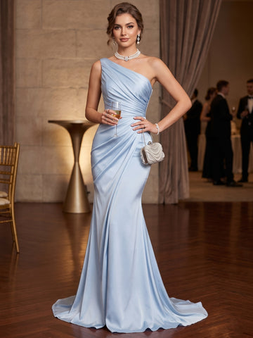 Trumpet/Mermaid One-Shoulder Evening Dresses Sleeveless Floor-Length Ruched With Sweep Train