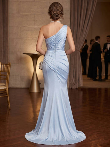 Trumpet/Mermaid One-Shoulder Evening Dresses Sleeveless Floor-Length Ruched With Sweep Train