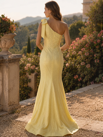 Mermaid/Trumpet Evening Dress Hot Fix One-Shoulder Floor-Length Elegant Formal Wedding Guest Dresses With Bow Straps