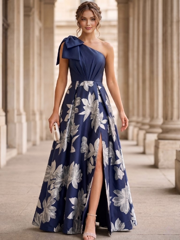 A-Line Evening Gown One-Shoulder Sleevelss Floor-Length Dress With Bowknot High Slit