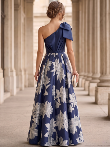 A-Line Evening Gown One-Shoulder Sleevelss Floor-Length Dress With Bowknot High Slit