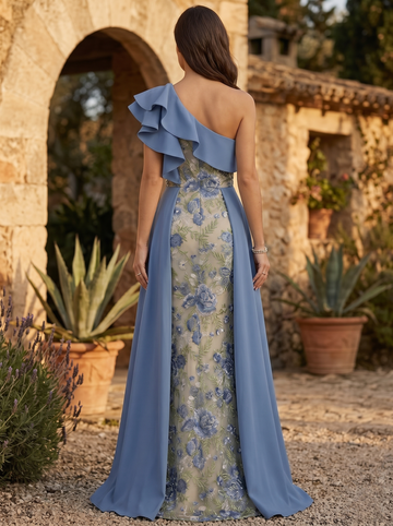 A-Line/Princess Evening Gown One-Shoulder Sleevelss Floor-Length Foraml Dress Floral Embroidered With Side Train