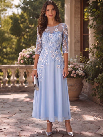 A-Line/Princess Cocktail Dress Floral Formal Dress 3/4 Sleeves Crew Neck Elegant Vintage Chiffon Lace With Embroidery Appliques Flower