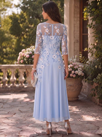 A-Line/Princess Cocktail Dress Floral Formal Dress 3/4 Sleeves Crew Neck Elegant Vintage Chiffon Lace With Embroidery Appliques Flower