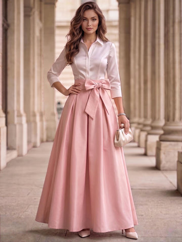 A-Line/Princess Elegant Mother of the Bride & Groom Dresses Shirt Collar 3/4 Sleeves With Pink Bowknot