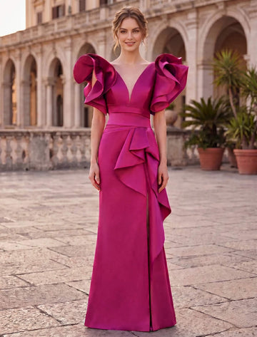 Sheath Evening Gown V Neck Sleevelss Fuchsia Floor-Length Foraml Dress With Ruffles