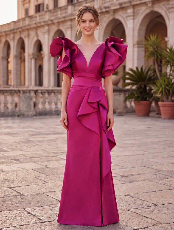 Sheath Evening Gown V Neck Sleevelss Fuchsia Floor-Length Foraml Dress With Ruffles