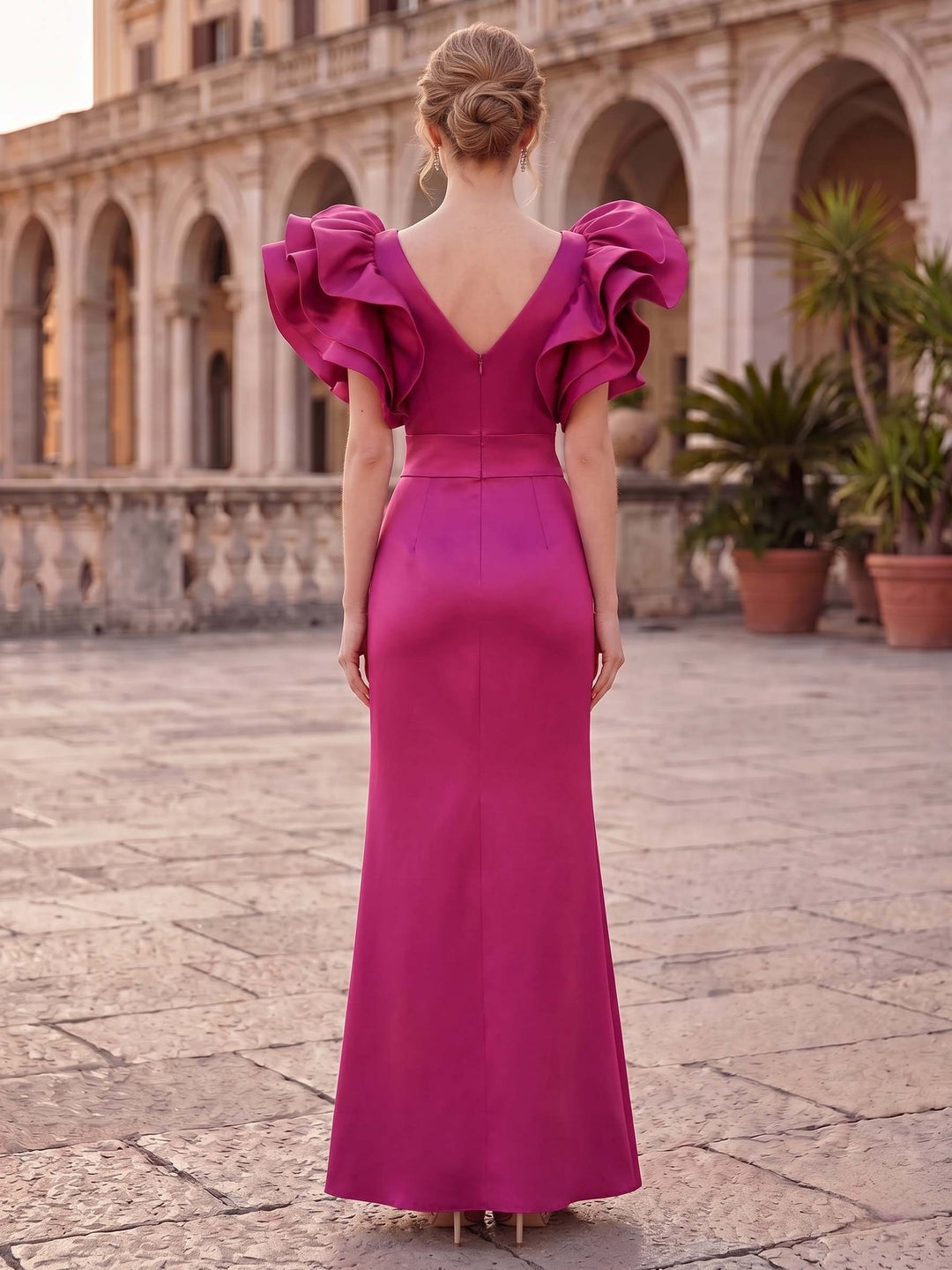 Sheath Evening Gown V Neck Sleevelss Fuchsia Floor-Length Foraml Dress With Ruffles
