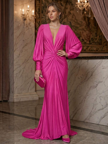 Trumpet/Mermaid Evening Gown V Neck Sleevelss Floor-Length Pleated Foraml Dress
