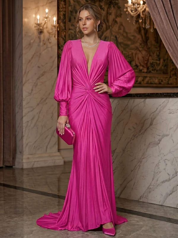 Trumpet/Mermaid Evening Gown V Neck Sleevelss Floor-Length Pleated Foraml Dress