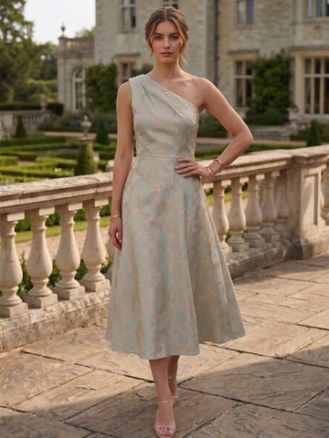 A-Line Cocktail Dress Elegant Floral Jacquard One Shoulder Tea-Length Sleeveless Formal Dresses