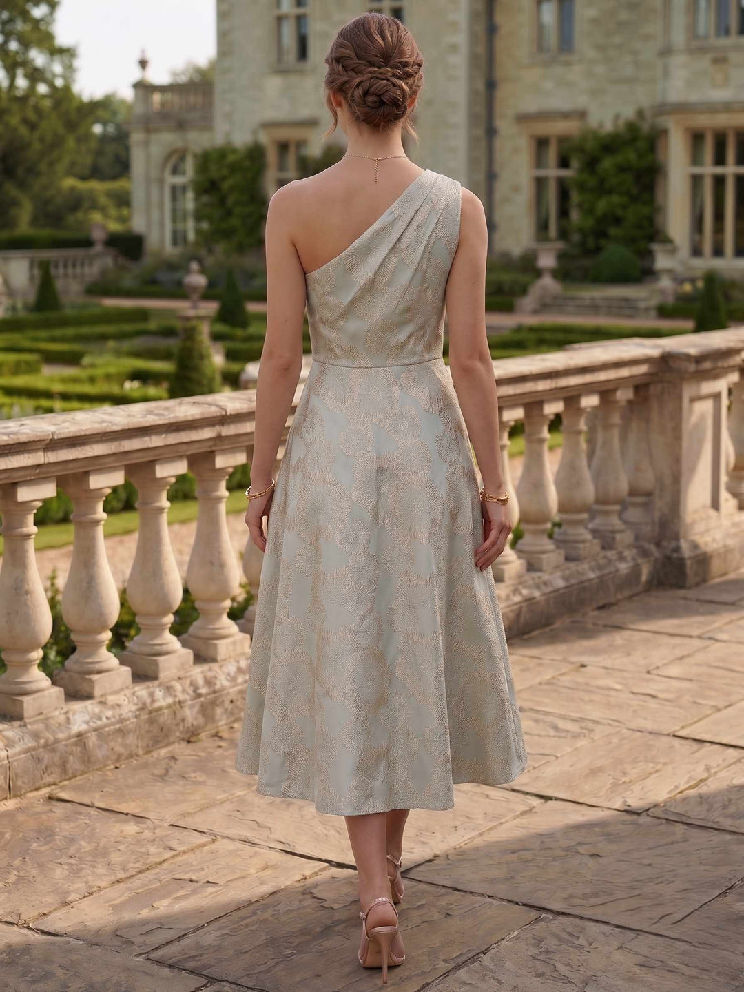 A-Line Cocktail Dress Elegant Floral Jacquard One Shoulder Tea-Length Sleeveless Formal Dresses
