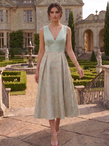 A-Line Cocktail Party Dress Elegant Floral Jacquard V Neck Ankle-Length Sleeveless Formal Dresses