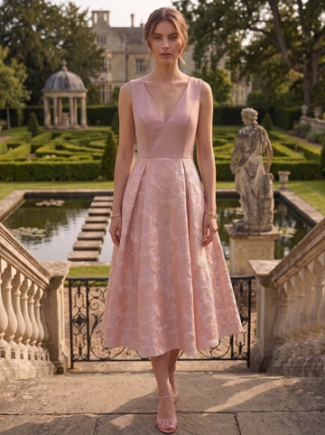 A-Line Cocktail Party Dress Elegant Floral Jacquard V Neck Ankle-Length Sleeveless Formal Dresses