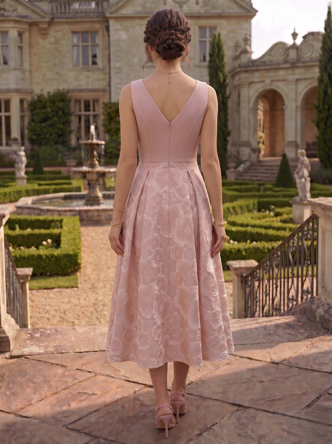 A-Line Cocktail Party Dress Elegant Floral Jacquard V Neck Ankle-Length Sleeveless Formal Dresses