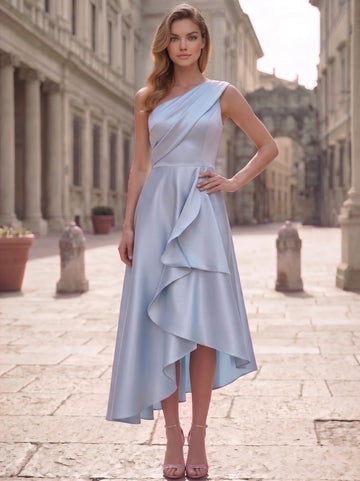 A-Line/Princess Asymmetrical Cocktail Dresses Elegant Silky Sleeveless One Shoulder Garden Party Formal Satin with Ruffles