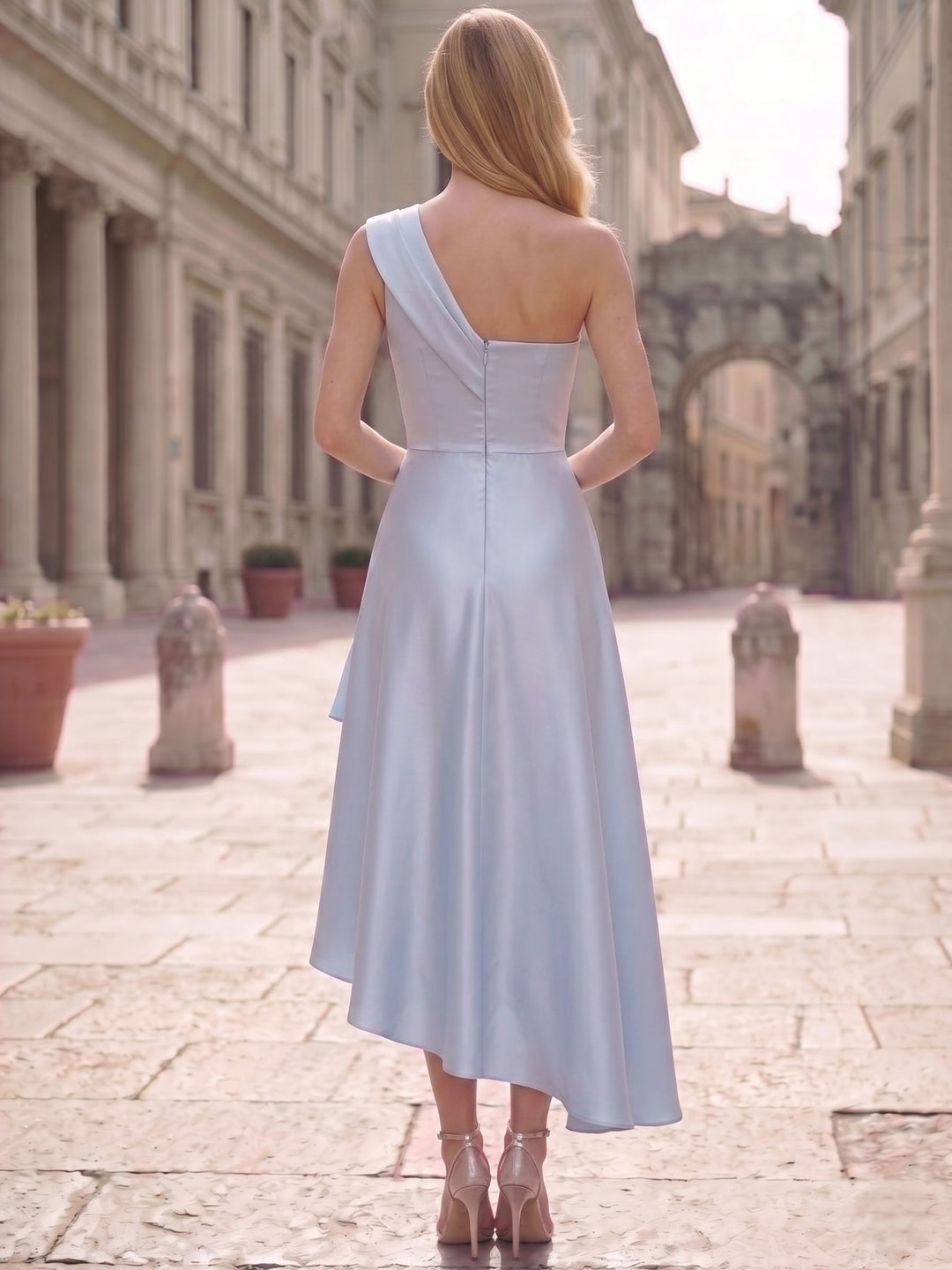 A-Line/Princess Asymmetrical Cocktail Dresses Elegant Silky Sleeveless One Shoulder Garden Party Formal Satin with Ruffles