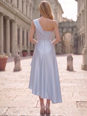 A-Line/Princess Asymmetrical Cocktail Dresses Elegant Silky Sleeveless One Shoulder Garden Party Formal Satin with Ruffles