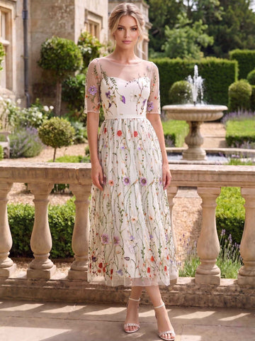 A-Line/Princess Cocktail Dress  A-Line Floral Dress Valentine's Day Wedding Guest Tea Length Half Sleeve Illusion Neck Lace With Embroidery Appliques