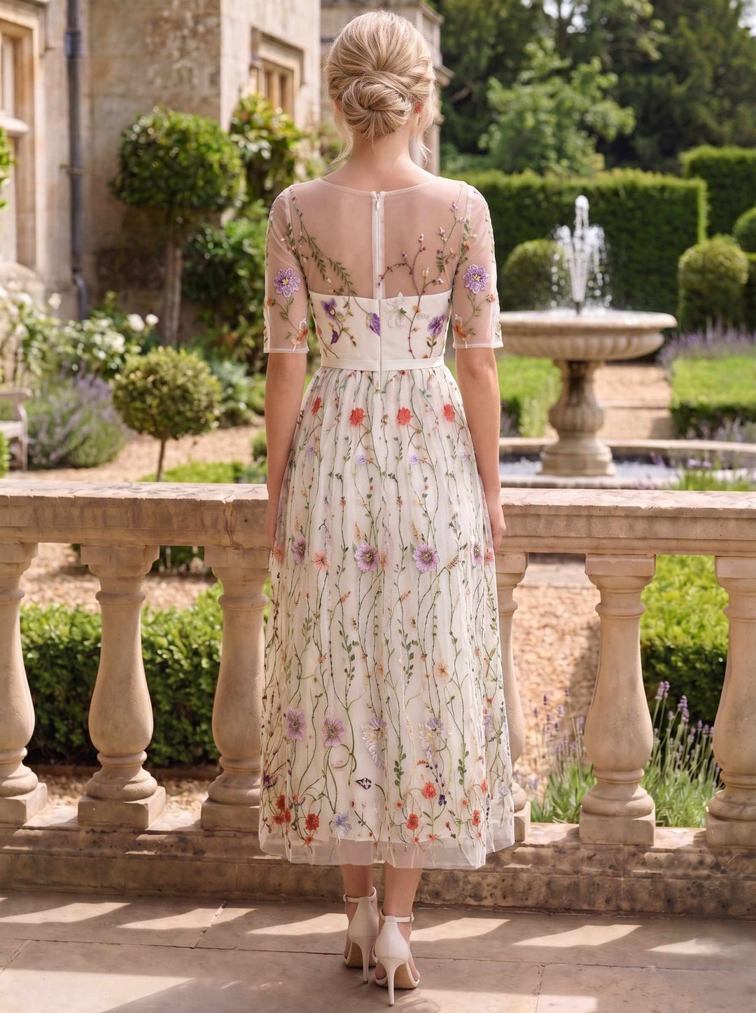 A-Line/Princess Cocktail Dress  A-Line Floral Dress Valentine's Day Wedding Guest Tea Length Half Sleeve Illusion Neck Lace With Embroidery Appliques