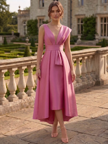 Sheath/Column Cocktail Dress Satin Fuchsia Tea-Length Unique Elegant Party Dress With Overskirt