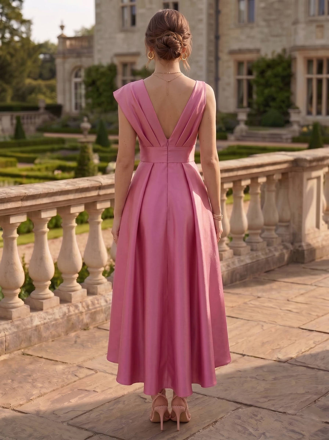 Sheath/Column Cocktail Dress Satin Fuchsia Tea-Length Unique Elegant Party Dress With Overskirt