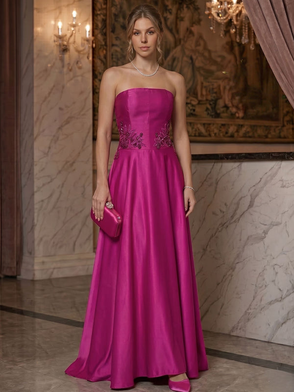 A-Line Evening Dresses Strapless Elegant Sleeveless Floor-Length Satin Fuchsia Beads Dress