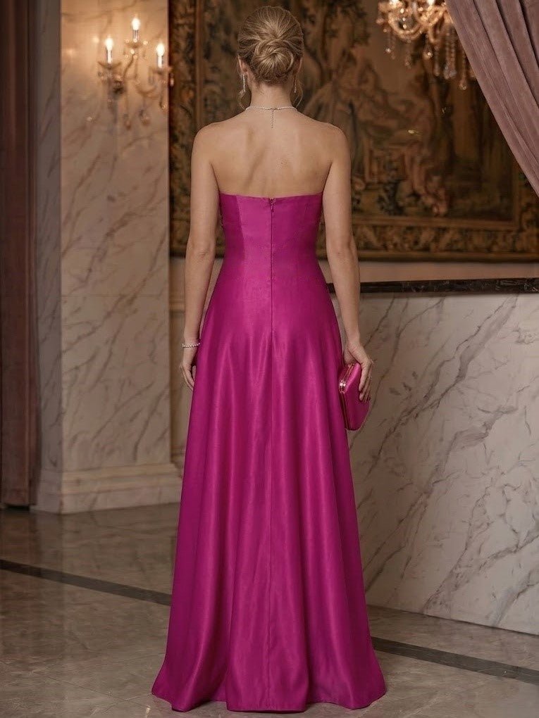 A-Line Evening Dresses Strapless Elegant Sleeveless Floor-Length Satin Fuchsia Beads Dress