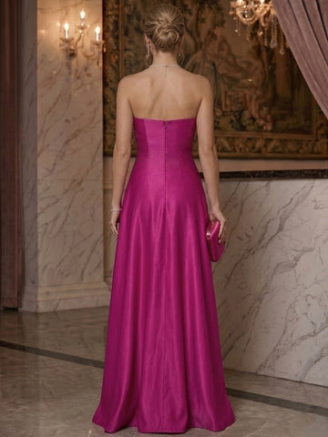 A-Line Evening Dresses Strapless Elegant Sleeveless Floor-Length Satin Fuchsia Beads Dress