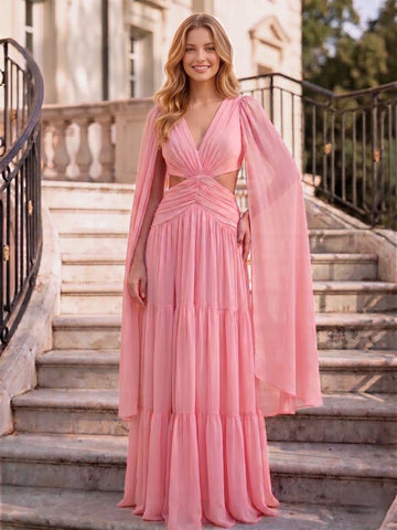 A-Line/Princess Chiffon Evening Dresses V-Neck Long Sleeves Pink Formal Ruffle Pleated Dress