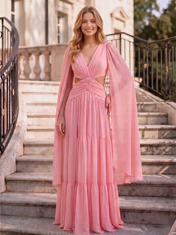 A-Line/Princess Chiffon Evening Dresses V-Neck Long Sleeves Pink Formal Ruffle Pleated Dress