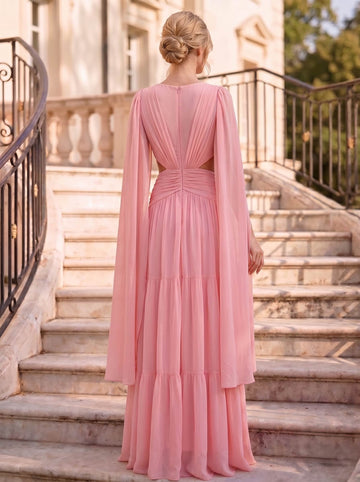 A-Line/Princess Chiffon Evening Dresses V-Neck Long Sleeves Pink Formal Ruffle Pleated Dress