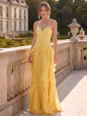 A-Line/Princess Chiffon Evening Dresses Strapless Sleevelss Formal Corset Ruffle Dress