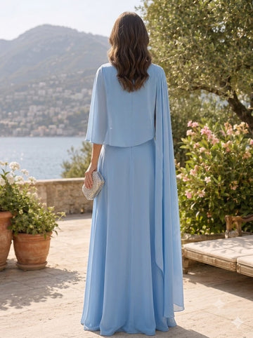 A-Line/Princess Chiffon Evening Dresses Short Sleevelss Formal Blue Summer Flowy Cape Dress