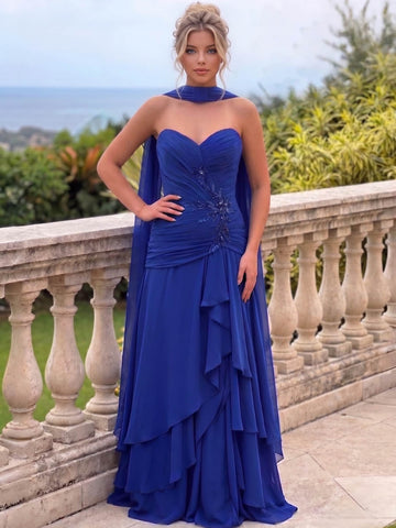 A-Line/Princes Evening Dresses Chiffon Strapless Sleeveless Formal Dress Flower Embroidery Sequin With Flowy Scarf