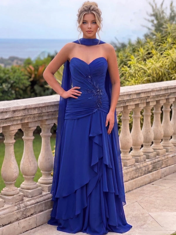 A-Line/Princes Evening Dresses Chiffon Strapless Sleeveless Formal Dress Flower Embroidery Sequin With Flowy Scarf