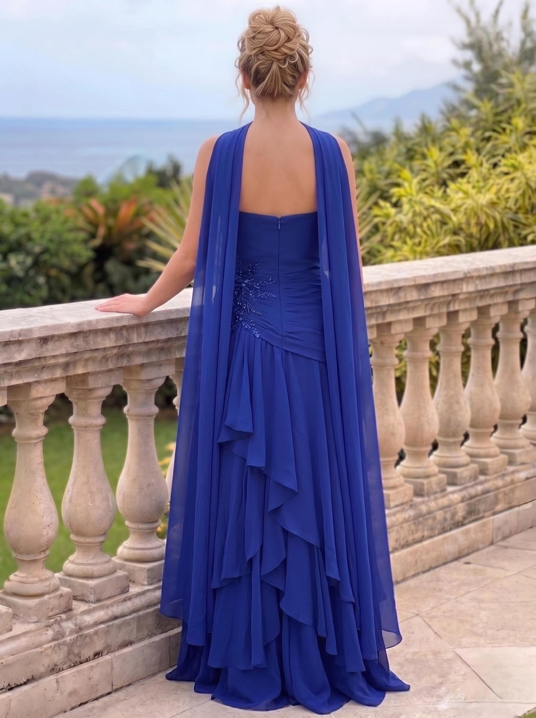 A-Line/Princes Evening Dresses Chiffon Strapless Sleeveless Formal Dress Flower Embroidery Sequin With Flowy Scarf